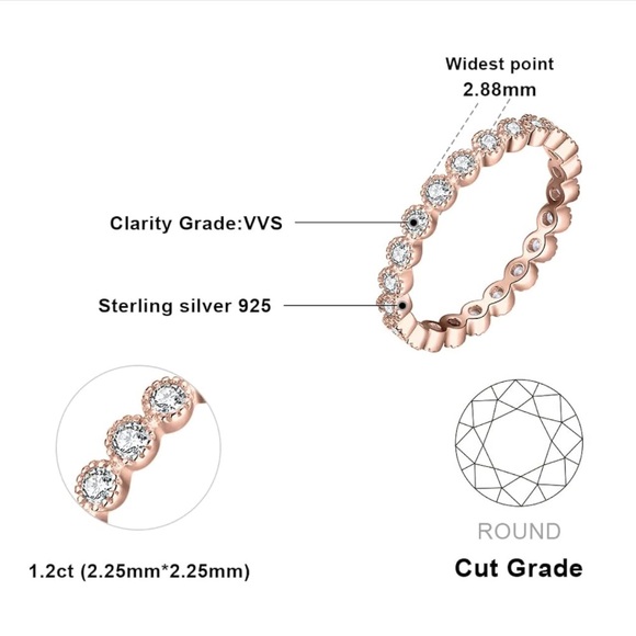 Genuine Moissanite (1) Stackable Ring. 14K Rose Gold Plated 925 Sterling Silver. - Picture 2 of 3